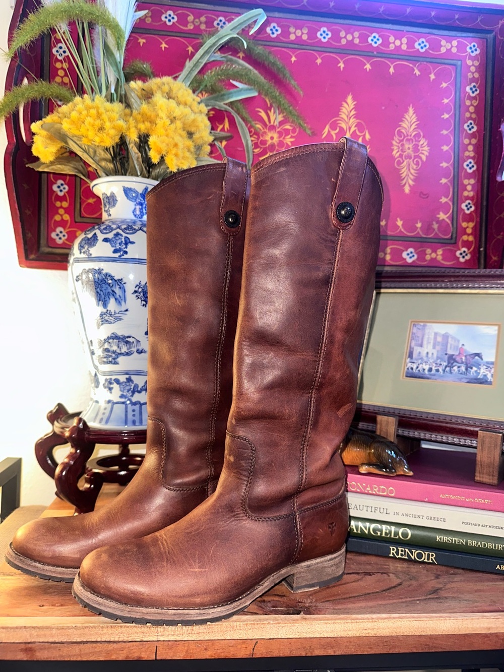 Frye Melissa Lug Button Tall Leather Riding Boots Cognac Women's Size 6.5